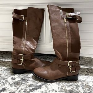 Torrid double buckle side zip brown knee high boots wide calf